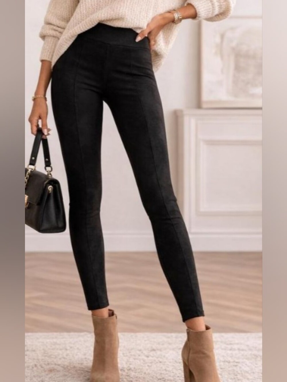 Andrew Marc NWT faux suede black Pull Up Leggings, stitch Detail On Front